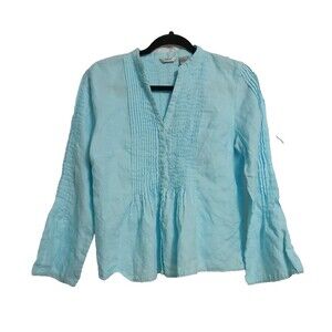 Blue Pleated Bodice 100% Linen Blouse Sz M Bell Sleeves Boho